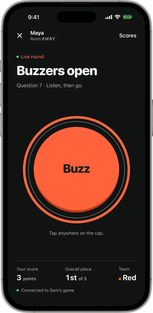 Player screen with the buzzer lit and ready
