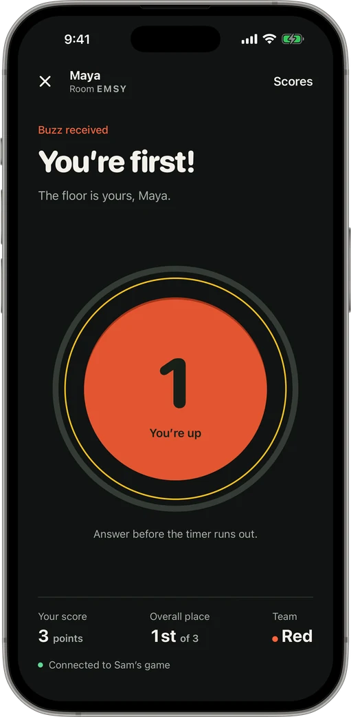 Player screen showing You’re first with rank 1 on the buzzer