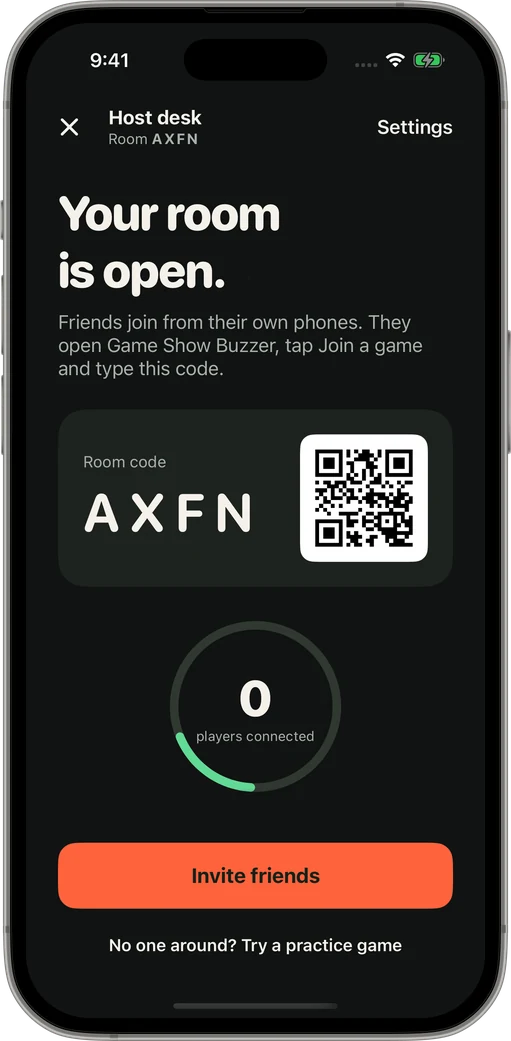 Host screen with the room code and an Invite friends button