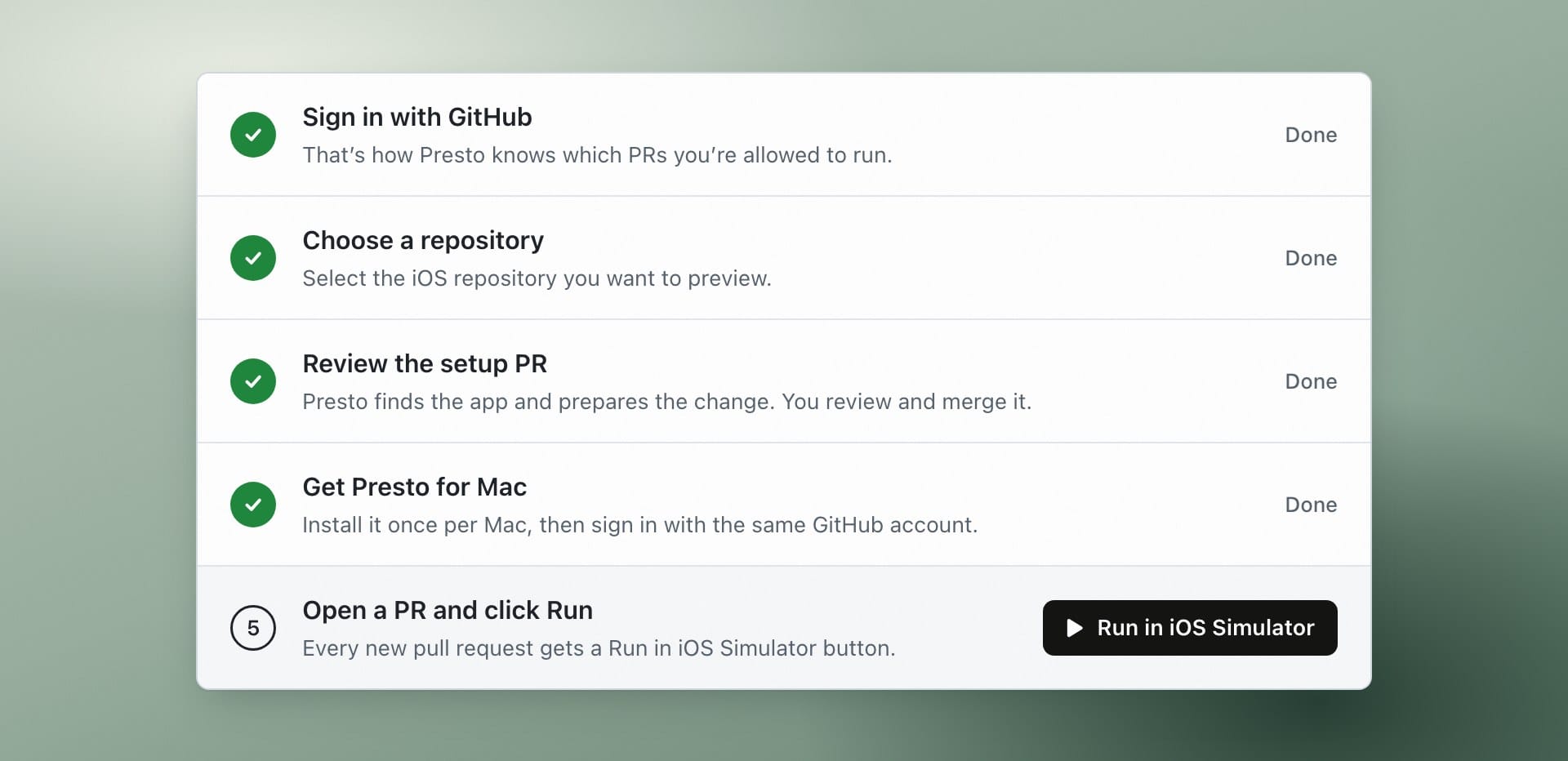 The five Presto setup steps: sign in with GitHub, choose a repository, review the setup PR, get Presto for Mac, open a PR and click Run