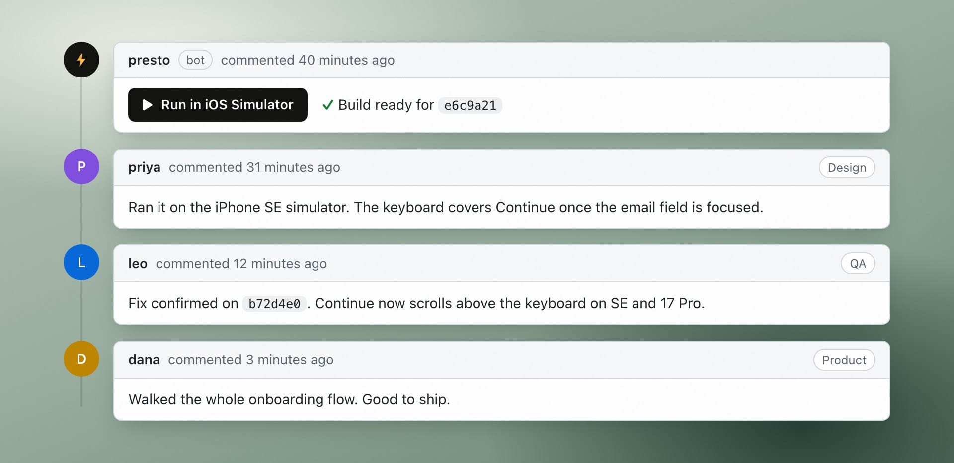 A pull request conversation where design, QA, and product comment after running the Presto build