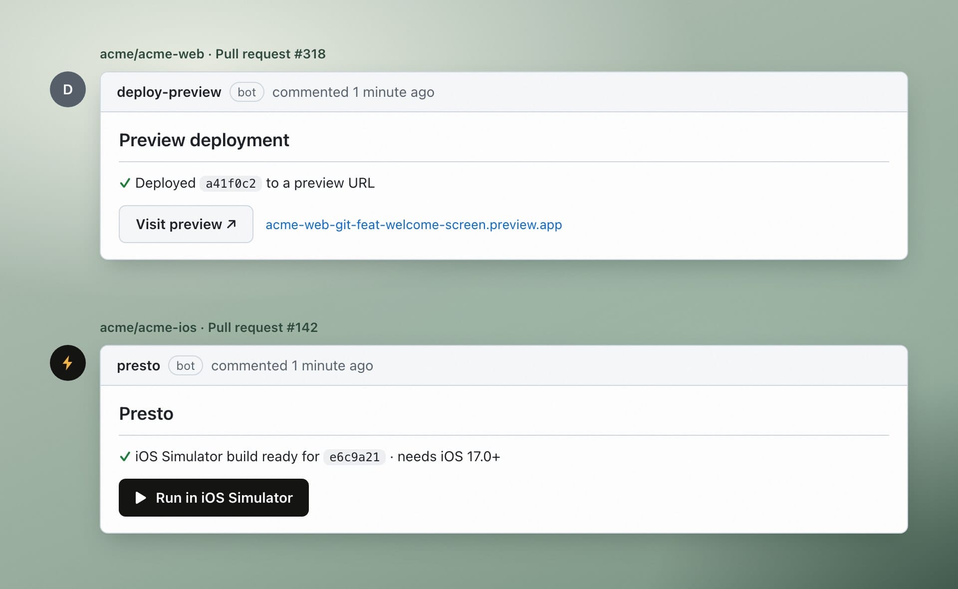 A web preview deployment comment next to a Presto Run in iOS Simulator comment
